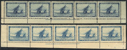 ARGENTINA: GJ.135/136, 1892 Discovery Of America 400 Years, The Cmpl. Set Of 2 Values In Strips Of 5 With Printer Imprin - Andere & Zonder Classificatie