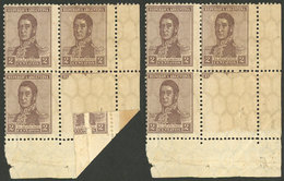 ARGENTINA: GJ.425, 1917 2c. San Martín, Corner Block Of 4 With VARIETY: One Stamp Partially Unprinted Due To Pre-printin - Andere & Zonder Classificatie