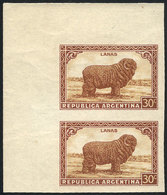 ARGENTINA: GJ.809P, 1935/52 30c. Wool, Unwatermarked, IMPERFORATE PAIR, Excellent! - Andere & Zonder Classificatie