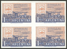 ARGENTINA: GJ.1109P, 1958 Confederation Stamp Centenary (gauchos, Horse, Dog), IMPERFORATE BLOCK OF 4, MNH, Excellent Qu - Otros & Sin Clasificación