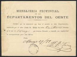 ARGENTINA: Receipt Of The Provincial Messenger Agency "Mensajería Provincial De Los Departamentos Del Oeste", Province O - Andere & Zonder Classificatie