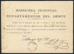 ARGENTINA: Receipt Of The Provincial Messenger Agency "Mensajería Provincial De Los Departamentos Del Oeste", Province O - Autres & Non Classés