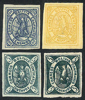 BOLIVIA: Sc.7, 1867/8 100c. Blue, Mint With Full Original Gum, Excellent Quality. Also 3 Other Stamps Of The Set, All Mi - Bolivia