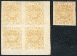 CAPE VERDE: Sc.13a, 1881/5 40Rs. Yellow IMPERFORATE, Single With Original Gum + Corner Block Of 4 Without Gum. - Cape Verde