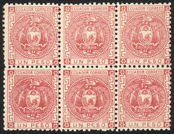 ECUADOR: Sc.11, 1872 1P. Rose, Beautiful Block Of 6, MNH (2 Stamps Very Lightly Hinged), Excellent Quality! - Ecuador