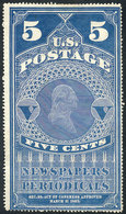 UNITED STATES: Yvert 4, 1865 5c. Blue, Mint Without Gum, VF Quality! - Newspaper & Periodical