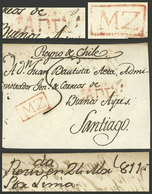 PERU: Front Of Folded Cover Sent From Spain To Santiago De Chile, With Straightline Red CADIZ Mark Applied In Origin. On - Perú