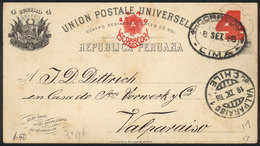 PERU: 4c. Postal Card Sent From Lima To Valparaiso On 8/SE/1888, Very Fine Quality! - Peru