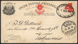 PERU: 4c. Postal Card Sent From Lima To Valparaiso On 8/SE/1888, Very Fine Quality! - Pérou