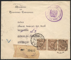 PERU: Official Cover Franked With Official Stamps (10c. In Strip Of 3), Sent By Registered Mail From Lima To AUSTRALIA O - Peru