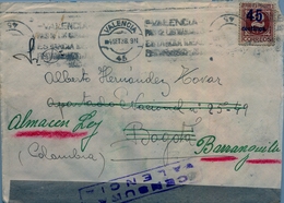 1938 , VALENCIA , SOBRE CIRCULADO A BOGOTÁ Y REDIRIGIDO A BARRANQUILLA , CENSURA VALENCIA , LLEGADA A AMBOS DESTINOS - Brieven En Documenten