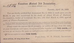Canada Postal Stationery Ganzsache Victoria PRIVATE Print CANADIAN MUTUAL AID ASSOCIATION, TORONTO 1883 INGERSOLL Ont. - 1860-1899 Reign Of Victoria