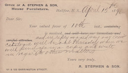 Canada Postal Stationery Ganzsache Victoria PRIVATE Print A. STEPHEN & SON House Furbishers HALIFAX N.S. 1890 SYDNEY C.B - 1860-1899 Regno Di Victoria