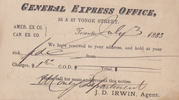 Canada Postal Stationery Ganzsache Victoria PRIVATE Print GENERAL EXPRESS OFFICE, TORONTO 1883 WESTON Ont. (2 Scans) - 1860-1899 Règne De Victoria