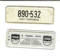 Targhe D'auto Di Tutto Il Mondo: Gadget Pubblicitario STAR In Latta Originale '60. 9 Virginia USA (regalo Dei Formaggini - Plaques En Tôle (après 1960)
