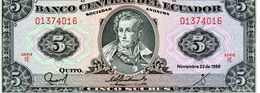 Billet De Banque Central De L'équateur 5 Sucres Type Sucre 22 Novembre 1988 Neuf - Equateur