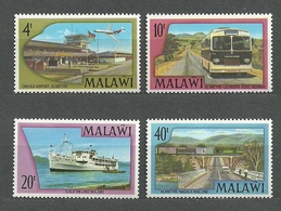 Malawi, 1977 (#281-84a), Transport, Airport Blantyre, Plane, Flag, Road, Leyland Bus, Ship Lake Malawi, Rail Line Bridge - Sonstige (Luft)