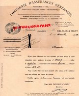 87 - LIMOGES - COMPAGNIE ASSURANCES GENERALES MARITIMES- DELOUIS- GADY- 5 BIS- RUE GAL CEREZ-1940- PARIS - Banco & Caja De Ahorros