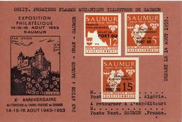 Carte Spéciale Saumon Foncé Gréve De Saumur 1953 Service Postal Routier 5F, 12F Et 5F Surchargé 15F - Strike Stamps