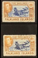 1938-50 KGVI 5s Blue & Chestnut, SG 161 & 5s Indigo & Pale Yellow Brown, SG 161b, Very Fine, Cds Used (2 Stamps) For Mor - Falkland