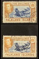 1938-50 KGVI 5s Blue & Chestnut, SG 161 & 5s Indigo & Pale Yellow Brown, SG 161b, Very Fine, Cds Used (2 Stamps) For Mor - Falklandeilanden