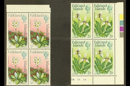 1974 Flowers Definitive ½d And 2d With Watermark Upright, SG 293/94, Never Hinged Mint Marginal BLOCKS OF FOUR. (2 Block - Falklandinseln