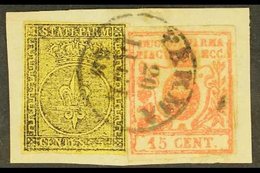 PARMA 1852 5c Black On Orange Yellow And 1857 15c Vermilion, Sass 1 + 9, Fine Used On Piece With Parma 1859 Cds Cancel.  - Non Classés