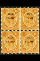 1916 1½d Orange Ovptd "War Stamp",block Of 4, Top R/h Stamp Showing The Variety "S In Stamp Omitted", SG 71/71b, Very Fi - Giamaica (...-1961)