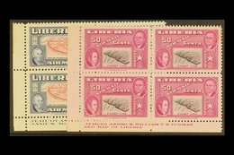 1952 25c & 50c Airmails, ERROR OF COLOUR, Corner Imprint Locks Of Four, Scott , Gum Faults On Top Two Stamps Of Each Blo - Liberia