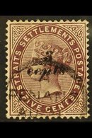 1886 3c On 5c Purple Brown, SG 84, Very Fine Used With Neat Penang Cds Cancel. Elusive Stamp. For More Images, Please Vi - Straits Settlements