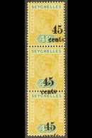 1893  45c On 48c. Ochre And Green, SG 20, Vertical Strip Of Three Showing Grossly Misplaced Surcharges, Never Hinged Min - Seychellen (...-1976)