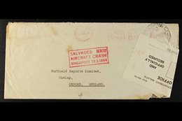 1954 SALVAGED MAIL, AIRCRAFT CRASH 13.3.1954 Red Boxed Cachet On Meter Mail Envelope From New Zealand To England, Postal - Singapour (...-1959)