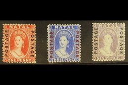 NATAL 1870-73 1d Bright Red, 3d Bright Blue, And 6d Mauve With "POSTAGE / POSTAGE" Vertical Overprints, SG 60/62, Mint W - Non Classificati