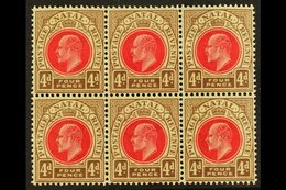 NATAL 1902-3 4d Carmine & Cinnamon, Wmk Crown CA , BLOCK OF SIX, SG 133, Very Slightly Toned Gum, Otherwise Never Hinged - Zonder Classificatie