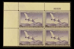 REVENUE - "DUCK" STAMPS 1950 $2 Violet, Scott RW17, Very Fine NEVER HINGED MINT CORNER BLOCK OF FOUR With Plate Number.  - Altri & Non Classificati