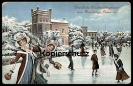 ALTE POSTKARTE HERZLICHE WEIHNACHTSGRÜSSE AUS HAMBURGS MAUERN HAMBURG WEIHNACHTEN SCHNEE Ice Skating Eislaufen Feenteich - Noord