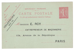 REPIQUAGE " E. ROY ENTREPRENEUR DE MAÇONNERIE PARIS " Sur CARTE ENTIER POSTAL NEUF Au TYPE SEMEUSE LIGNÉE 10c DATE 422 - Postales  Transplantadas (antes 1995)