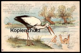 ALTE KÜNSTLER POSTKARTE STORCH ZWILLINGE HUMOR NACKTE BABYS Twins Jumeaux Humour Enfant Bébé Nu Nude Cigogne Stork Cpa - Cartes Humoristiques