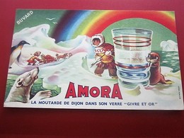 MOUTARDE AMORA VERRE GIVRE ET OR   - BUVARD Collection Illustré Publicitaire Publicité Alimentaire Moutarde - Mosterd