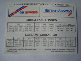 BRITISH AIRWAYS / GB AIRWAYS. SUMMER SCHEDULE - ENGLAND, 1986. - Orari