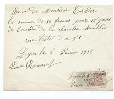 3103 Reçu Loyer Rue De La Tête D'Or 1918 CARLIER Veuve Romanet Lyon Timbre Fiscal 10 Cenimes Quittances - Non Classificati