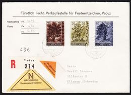 1958. BÂUME. 20 + 50 + 90 Rp. FDC VADUZ 12. VIII. 58.  To Klippan, Sweden. Nachnahme ... (Michel 371-373) - JF302113 - Lettres & Documents