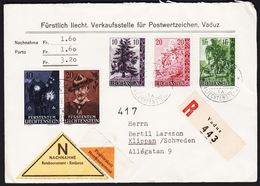 1957. BÄUME. 10 + 20 Rp. + 1 Fr. FDC VADUZ 10. IX. 57.  To Klippan, Sweden. Nachnahme... (Michel 357-361) - JF302117 - Cartas & Documentos