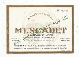 étiquette De Vin , MUSCADET , Sur Lie , Domaine De Chasseloir , Chéreau-Carré , Saint Fiacres S/MAINE , 44 - Witte Wijn