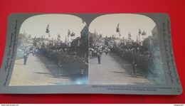 PHOTO STEREO PRINCE OF WALES FOR THE CORONATION CEREMONIES SOLDIERS AT THE PIER TRONDHJEM NORWAY - Photos Stéréoscopiques