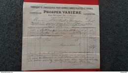 FACTURE FABRIQUE DE CHAUSSURES PROSPER VANIERE PARIS 1900 - Other & Unclassified