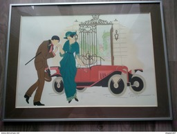 AFFICHE LITHOGRAPHIE STYLE ART DECO AUTOMOBILE GRILLE FERRONNERIE ET FEMME ELEGANTE SIGNEE NINA ROSE - Afiches