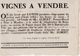 Affiche 1789 " VIGNES A VENDRE " Pont à Mousson 54 Meurthe Et Moselle / Mise à Prix 2790 Livres - ... - 1799