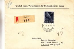 Liechtenstein - Lettre Recom De 1951 - Oblit Vaduz - Exp Vers Gand - Tracteurs - Valeur 27 Euros - Storia Postale
