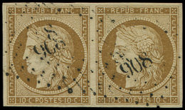 EMISSION DE 1849 - 1    10c. Bistre-jaune, PAIRE Obl. PC 908 De COLMAR, TB - 1849-1850 Ceres